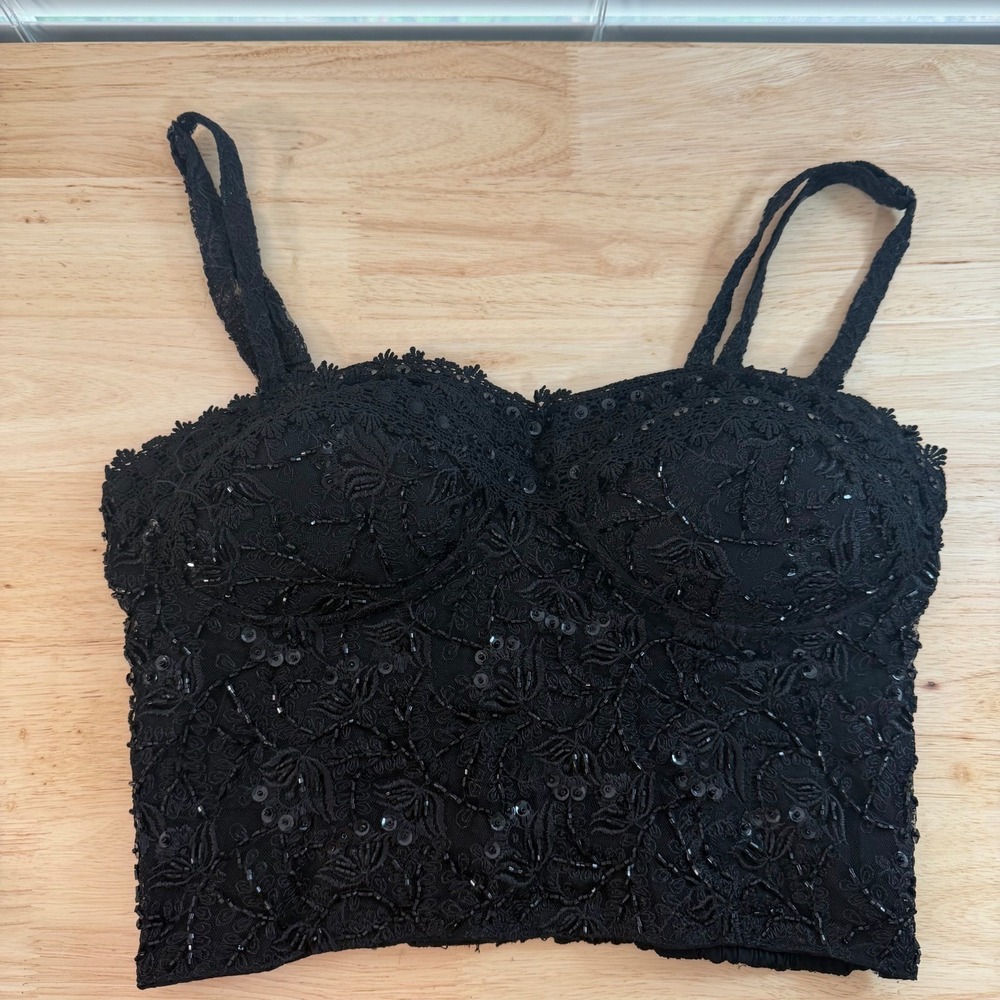 Cache Corset Tank Women's Black Embellished Trim Shirred Bustier Top Medium VTG